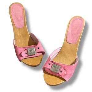 RARE AUTH VINTAGE CHANEL WOODEN PINK MULES SUEDE CC CLOG HEELS Y2K 37 7 🤩